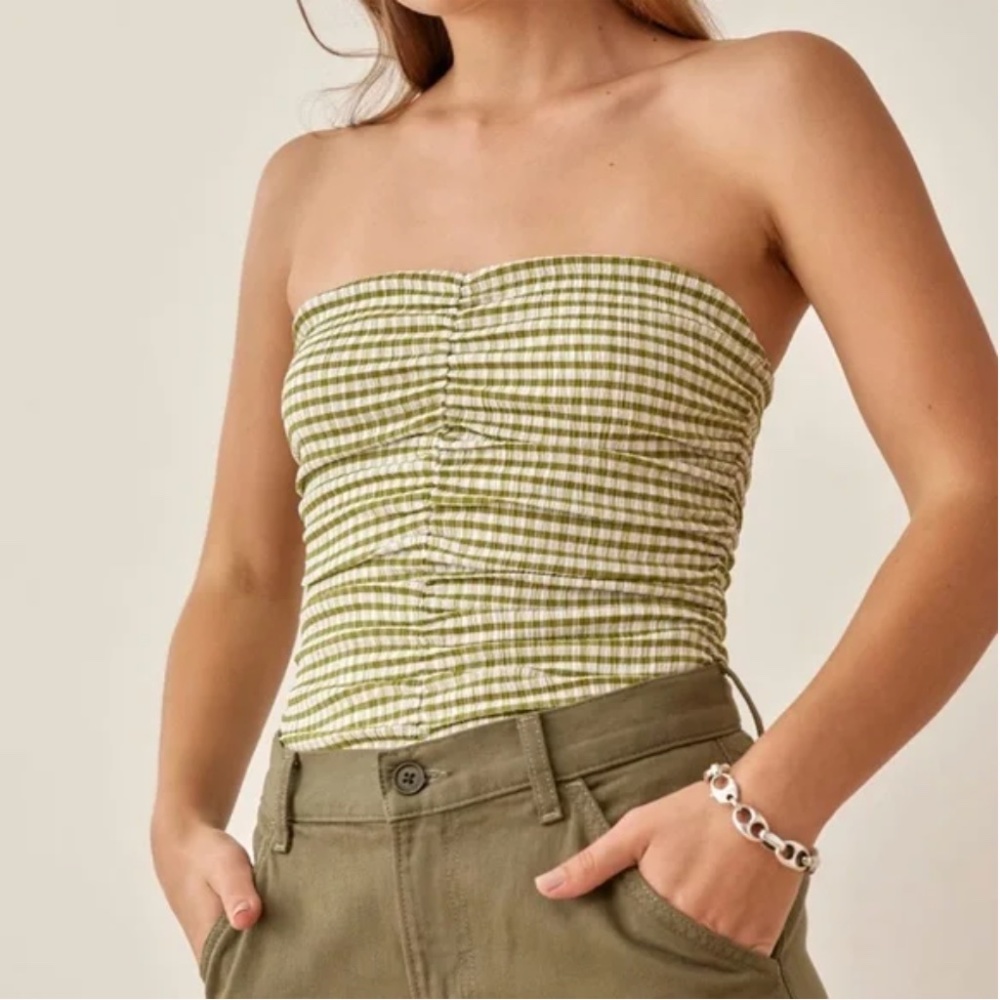 Reformation Green Gingham Ruched Strapless Top